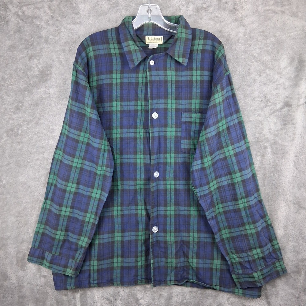 Vintage LL Bean Pajama Top Mens XL Black Watch Plaid Made in USA Sleep Shirt